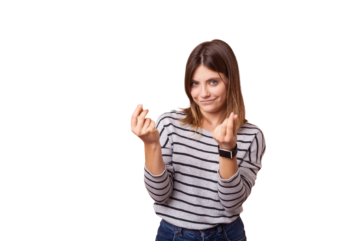 Junge Frau schnipst mit den Finger - Geste: Geldzählen, Was kostet ein Gutachten?